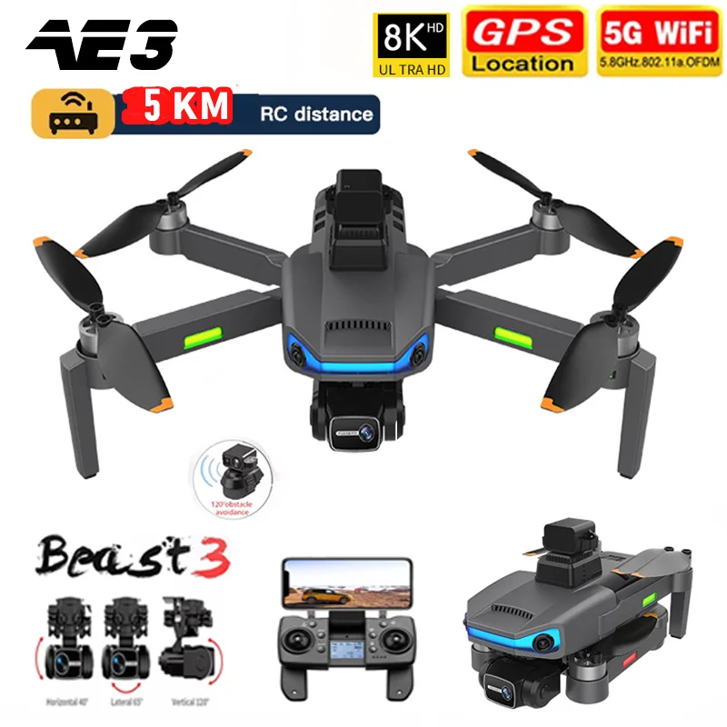 New AE3 Pro Max GPS Drone 8K Profesional Dual HD Camera 5G 3-Axis Gimbal - £179.33 GBP+