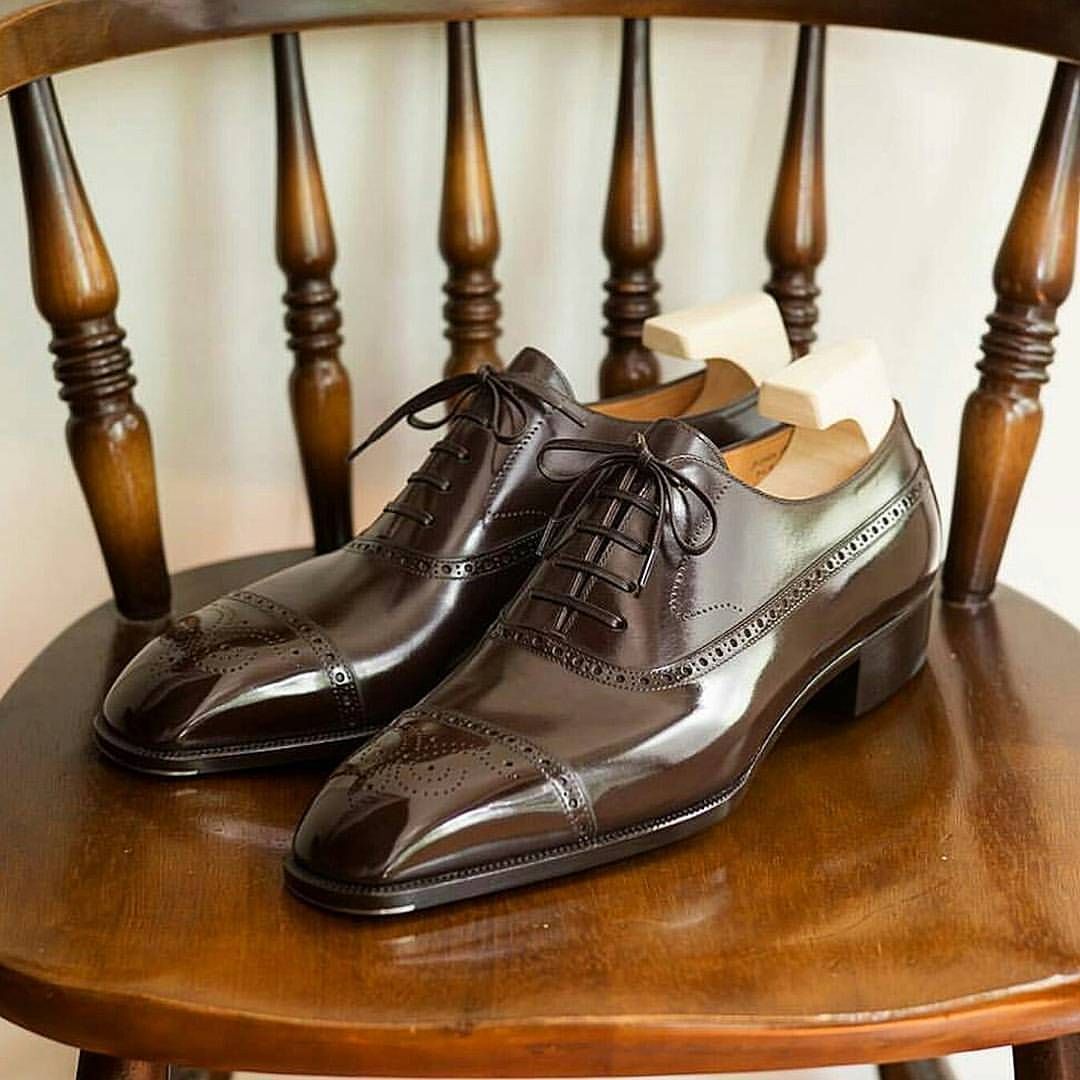 New handmade oxfords dark brown original leather brogue lace up men dress shoes
