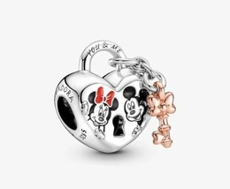 Authentic Disney Mickey Mouse &amp; Minnie Mouse Charm Padlock 925 Dangle - £19.73 GBP