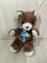 Russ Berrie Luv Pets Bruce small vintage plush brown teddy bear blue bow 555 - £16.05 GBP