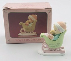 1990 Precious Moments Baby&#39;s First Christmas Girl w/ Doll in Sleigh 578150 - $9.49