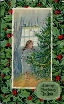 Merry Christmas Girl with Decorated Tree Hollyberry Border Postcard Z1 - £4.69 GBP