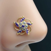 Indiano Placcato Oro Brillantino Naso Violetto Bianco Cz Cavatappi Piercing Ring - $15.04