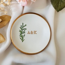 Handmade personalized ring dish, with green leaf and gold rim, wedding gift - £23.98 GBP