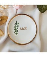 Handmade personalized ring dish, with green leaf and gold rim, wedding gift - £23.59 GBP