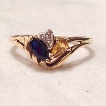 10K Solid Gold Genuine Diamond Heart And Yellow And Blue Sapphire Exquisite Ring - £111.87 GBP