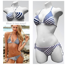 Women&#39;sTriangle Bikini Swimwear Navy Gray White Stripes String Bikini Me... - $12.00