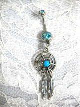 New Spirit Dream Catcher W Turquoise 2 Feathers W 14g Blue Cz Belly Ring Barbell - £4.78 GBP