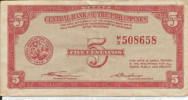 1949 Philippines 5 Centavos Banknote *P-125*  CIR    *VF* # 50 - $9.89