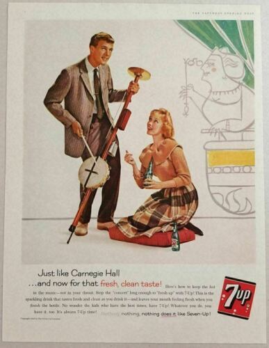 1960 Print Ad 7UP Soda Pop Seven Up Young Man Plays Instrument for Pretty Lady - $12.88
