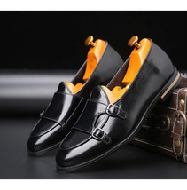 Black Polish Monk Dual Strap Genuine Leather Apron Toe Men Formal Wedding Shoes - £119.87 GBP