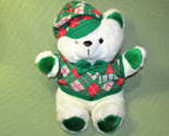 VINTAGE 1990 K MART CHRISTMAS TEDDY BEAR 18&quot; WHITE GREEN VEST TARTAN CAP... - $40.50