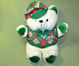Vintage 1990 K Mart Christmas Teddy Bear 18&quot; White Green Vest Tartan Cap Plush - £31.84 GBP