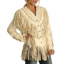 Women&#39;s Western Beige Leather Fringe Jacket Bones Beads Studs WJ1301 - $129.00+