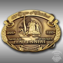 Vintage Belt Buckle Solid Brass Centennial North Dakota 100 Years Of Sta... - $50.58