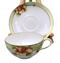 Nippon Handpainted Teacup Saucer Gold Trim Signed Orange Flower Green Leaves - $24.30