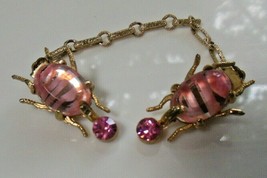 Vintage Gold-tone Pink Art Rhinestone Insect/Bug Sweater Guard/Clips Rare - £194.69 GBP