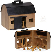 Wood Toy Farm with Folding Barn Play Animals &amp; Fence - Amish Handmade in USA - £289.79 GBP