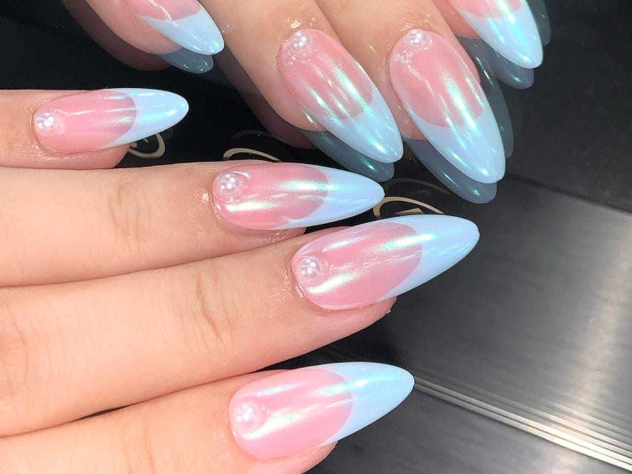 Iridescent Baby Pink &amp; Blue Chrome Almond Nails – Pearl Accent Fairycore... - $24.99