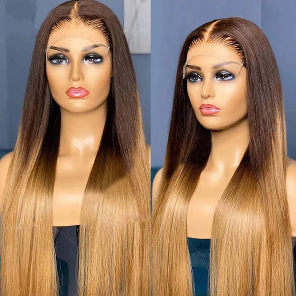 Transparent 30 40 Inch Peruvian 13x4 Straight Lace Front Wig T4/27 Ombre Brown - £80.20 GBP+