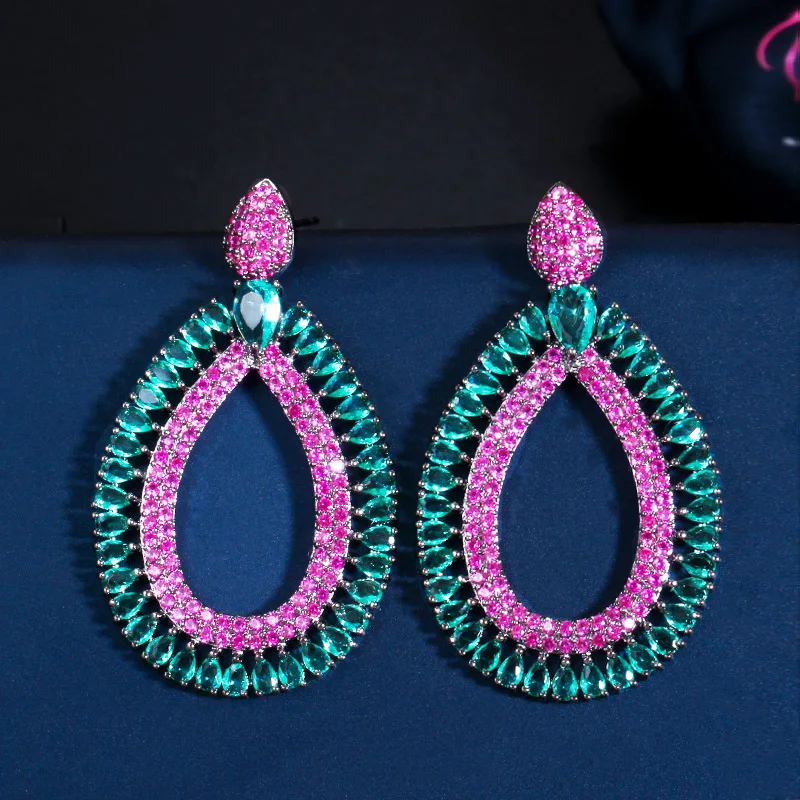 Hot Fuchsia Blue Big Dangle Pear Shape Earrings Full Pave Cubic Zirconia Crystal - £23.39 GBP