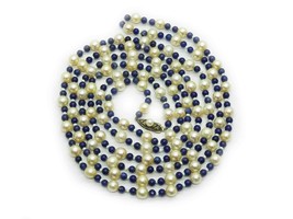 Vintage Cultured Saltwater Pearl, Lapis, Mother-of-Pearl Rope Necklace 55&quot; - £397.60 GBP