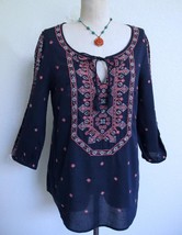 Anthropologie Vanessa Virginia Embroidered Folk Art Top 6 S Beaded Navy Coral - £17.30 GBP