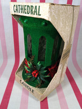 Festive Vintage 1960&#39;s Christmas Green Flocked Cathedral Candle Holder w... - £12.44 GBP