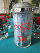 COKE-COLA Glasses Tumblers Stained Glass Christmas Poinsettias Straw Holder - £98.92 GBP