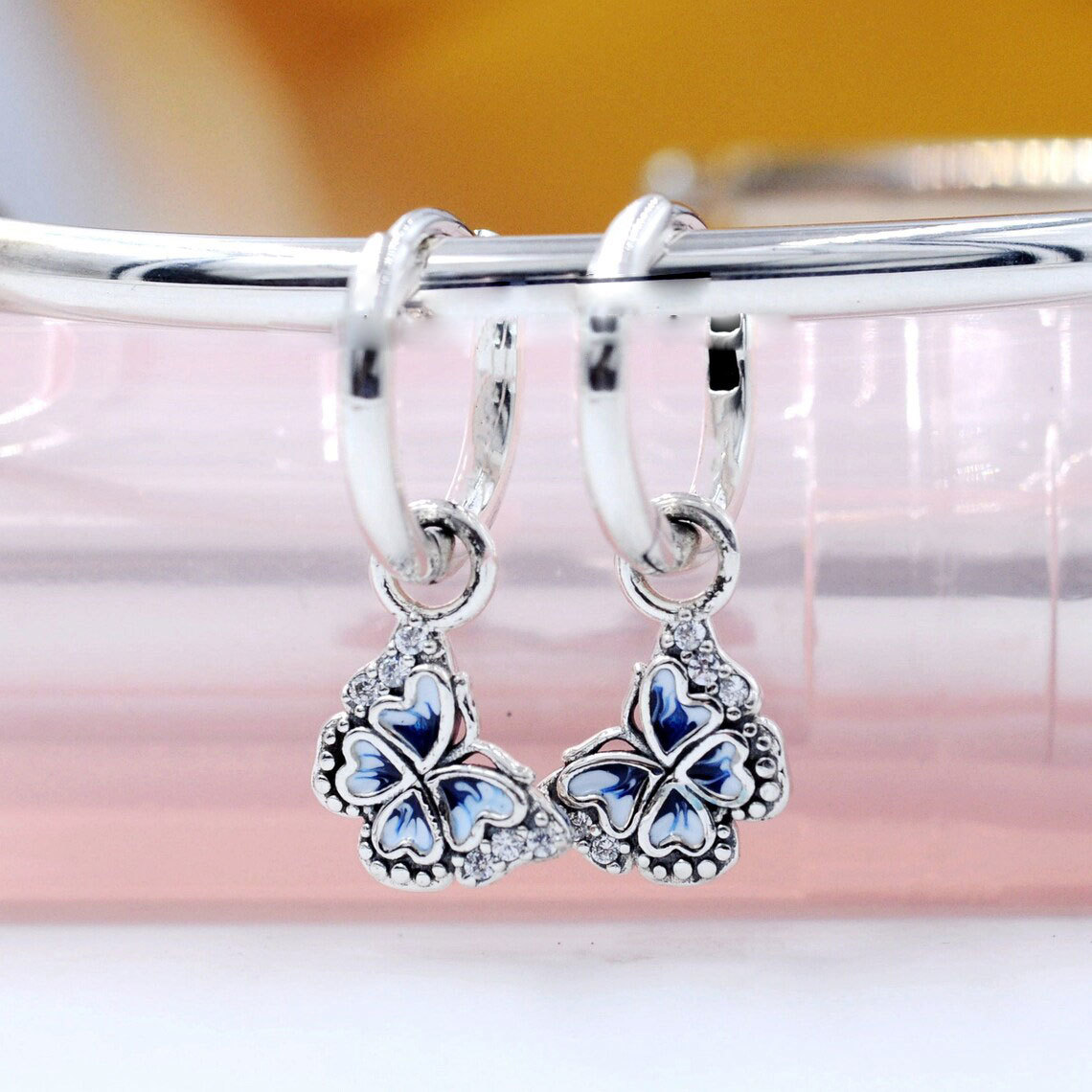 925 Sterling Silver Blue Butterfly Hoop Earrings with Clear Cz