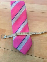Retro Penguin by Munsingwear Pink Silver Diagonal Stripes Handmade 100% Silk Tie - £11.34 GBP