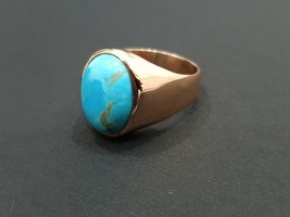 925 Sterling silver 14k Gold Arizona Turquoise Blue Oval Shape Ring For Unisex - £64.41 GBP
