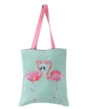Flamingo Pair Magic Swipe Sequin Tote Bag 15 1/2 x 15&quot;  Pink Turquoise - $34.60