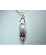Cultured Pearl &amp; Faceted Amethyst 3-Gem 925 Sterling Silver Pendant - £9.91 GBP