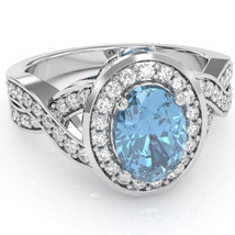 Three Stone Blue Topaz Diamond Peekaboo Halo Engagement Ring In 14k White Gold - £629.34 GBP