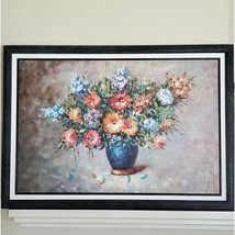 Vintage Flowers in Vase Painting Signed Kenneth 41x29 Framed Floral ART - £61.50 GBP