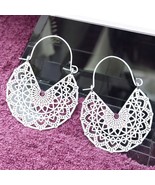 Boho Vintage Silver Mandala Hoop Earrings – 2&quot; Statement Bohemian Jewelr... - $12.86