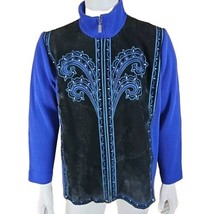 Bob Mackie Wearable Art Jacket Woman 2X Blue Suede Artsy Embroidered Boh... - $38.38