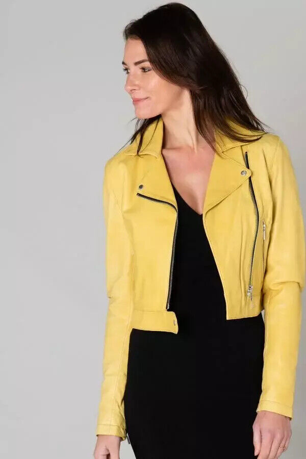 Stylish Womens Yellow Leather Jacket Real Lambskin Handmade Biker Motorcycle Item image 6