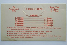 Casino Pinball Machine NOS Game Instruction Replay Card 1958 Original 5,500,000 - $22.95