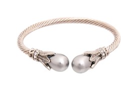 Classic Gray Pearl Engraved Leaf Rhinestone Burnished Silver Bangle Bracelet - £22.71 GBP