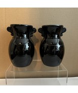 Pair L E Smith Glass Double Eared 6&quot; Jug Vase Black Amethyst Silver Rings - €23,87 EUR