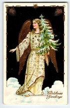 Gold Trimmed Angel Holding X-mas Tree Gel Coat Christmas Postcard German... - £33.67 GBP
