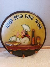 Round 3D Wood Wall Plaque 3 Hangers Hooks Chef Good Food Fine Wine 13 x 13 x 1&quot; - £13.65 GBP