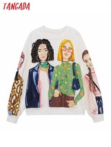 Tangada Women Fashion Print Fleece Sweatshirts Oversize Long Sleeve O Neck Loose - £93.20 GBP