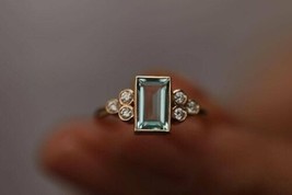 2Ct Emerald Cut Aquamarine Vintage Engagement Ring 14K Yellow Gold Finish - £125.89 GBP