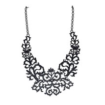 Elegant Ornate Black Enamel Floral Statement Necklace Adjustable Chain 1... - $17.81