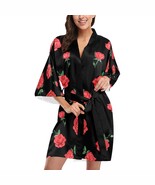 Red Rose Flower Black Background Short Kimono Robe Bridal Bridesmaid Wed... - $80.34 CAD