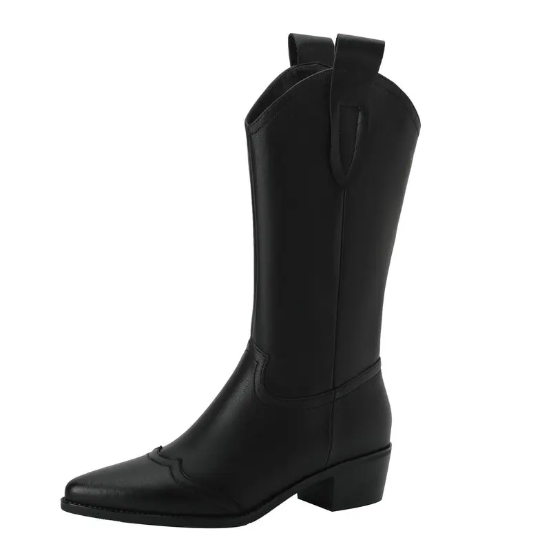 Four Season Women Mid-calf Boots  100% Leather Shoes Woman Pointed Toe Thick Hee - £239.47 GBP