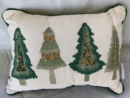 New Beaded Embroidered Christmas Tree Throw Pillow Holiday Green Metallic 10x14 - £36.96 GBP